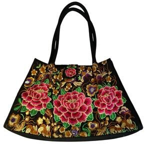 Mexican Artisanal Floral Embroidered Tote Bag Black Handmade Style
